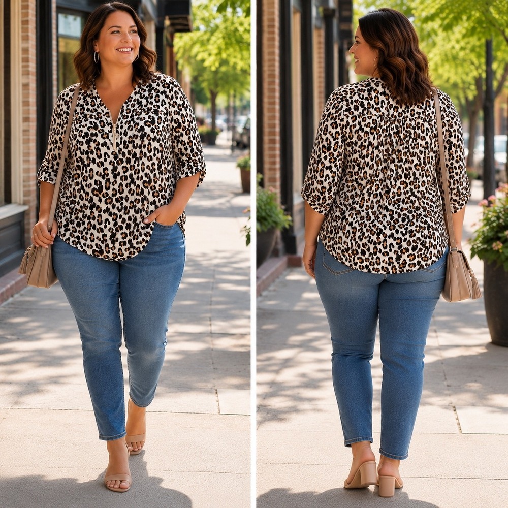 Torrid Harper Leopard Blouse 1X 14/16 1/4 Zip Georgette 3/4 Roll Tab Sleeve Top